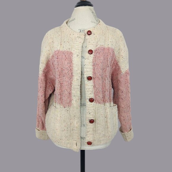 Vintage Cream Pink Knit Cardigan Small Chunky Button - Picture 1 of 8
